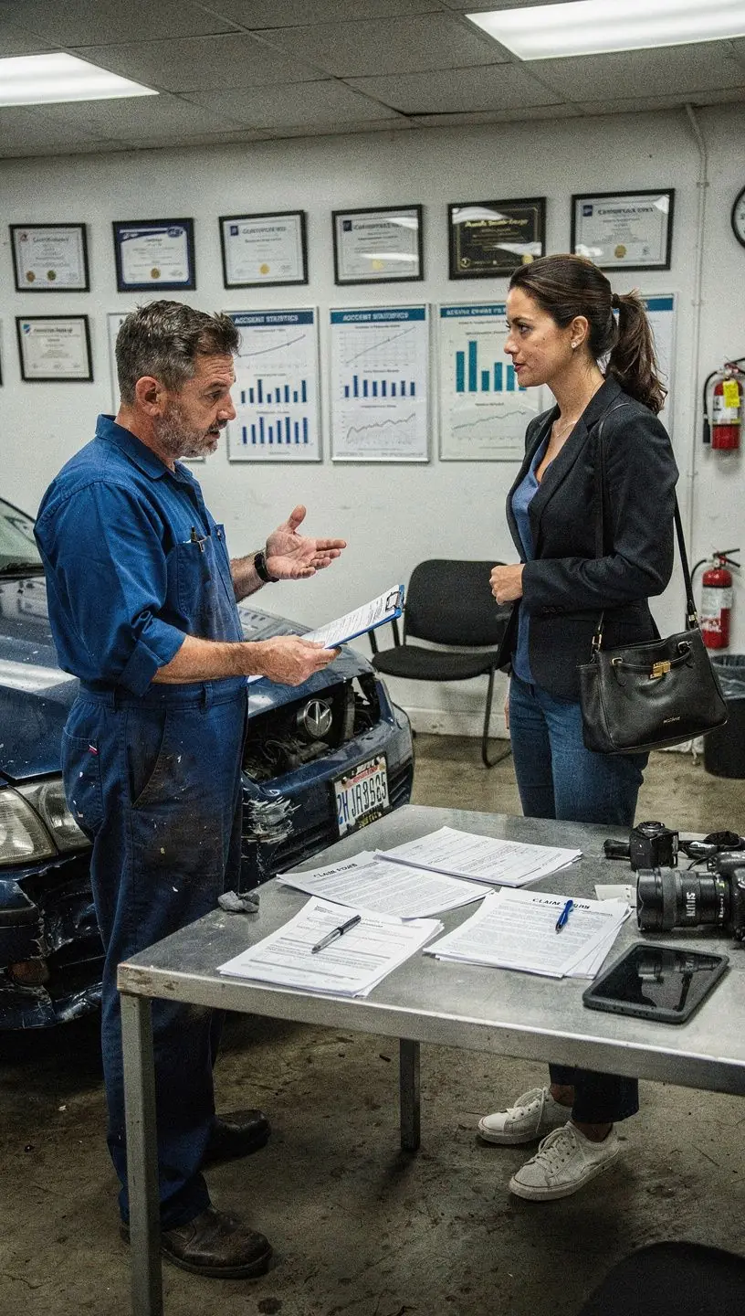 Kundin übergibt Schadensdokumente an einen Versicherungssachbearbeiter im Servicezentrum.